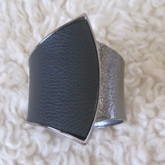 Gunmetal /Faux Leather Asymmetrical Cuff Bracelet - Picture 1 of 5